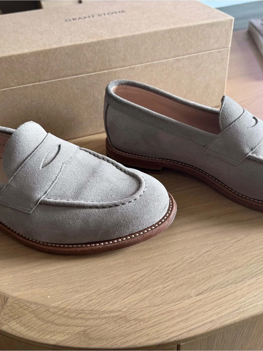 Light Grey/Taupe Suede Penny Loafers - Men's Slip-On Dress Shoes